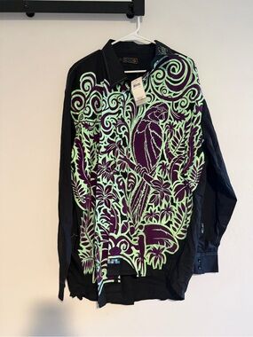 Colorful Parrot Print Button-Up Shirt - Mint & Purple Coogi XXL